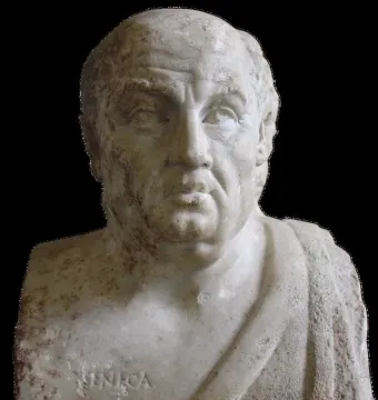 Marble bust of Seneca from the Double Herm of Socrates and Seneca, with the name Seneca carved below the neck.