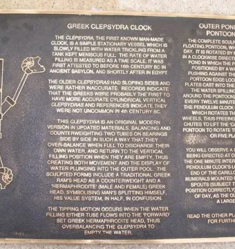 Bronze Hornsby Water Clock plaque with raised text and a diagram of a clepsydra mechanism.