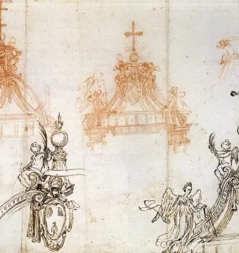 Sketches of ornate canopy designs for St. Peter\'s Baldachin with crosses, drapery, cherubs, and winged figures.
