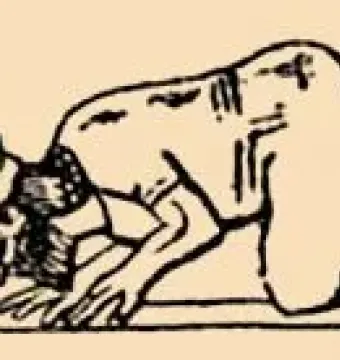 A bearded man in ancient-style clothing prostrating on hands and knees with his head bowed low.