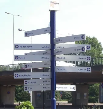 Madurodam signpost with directional signs to cities around the world