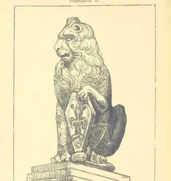 Marzocco lion sculpture seated upright with a shield on a pedestal.