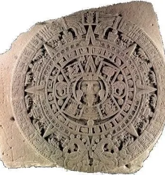 Aztec Sun Stone with a central face and concentric rings of carved glyphs