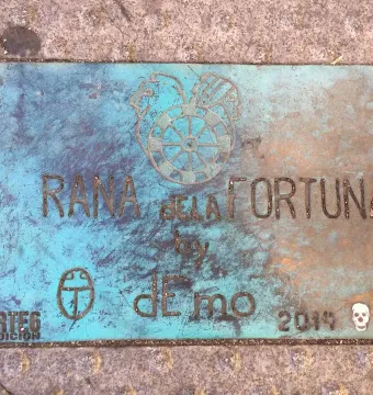 Rusty bluish-green plaque for Lucky Frog with engraved text and symbols.