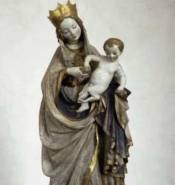 Beautiful Madonna of Wrocław, a painted and gilded Gothic sculpture of the Virgin Mary holding the infant Jesus.