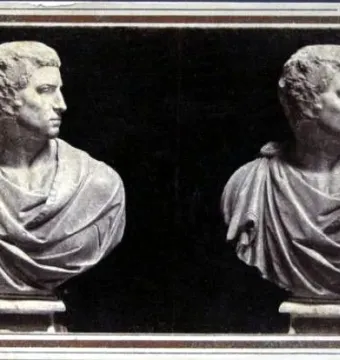 Stereo card showing Michelangelo\'s Brutus bust in profile against a dark background.