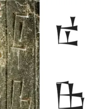 Cuneiform symbols carved on the Iddi-Ilum statuette beside modern graphical interpretations.
