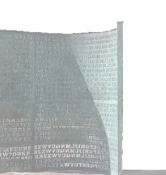 Kryptos sculpture with rows of carved letters and numbers on a greenish-bronze curved surface, partly crossed by shadow.