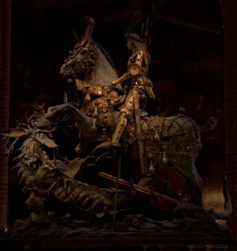 Saint George and the Dragon sculpture showing a knight in gilded armor on a rearing horse over a defeated dragon.