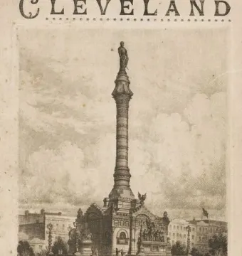 Soldiers\' and Sailors\' Monument rising from a broad ornate base in a public square, with small figures of people nearby.