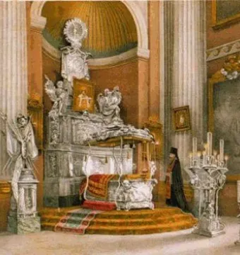 Alexander Nevsky reliquary with a tiered metallic altar, sculptural figures, and a central portrait inside a grand interior