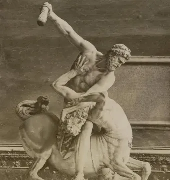 Heracles and Nessus sculpture showing a man wrestling a centaur, with the centaur collapsing under the struggle.