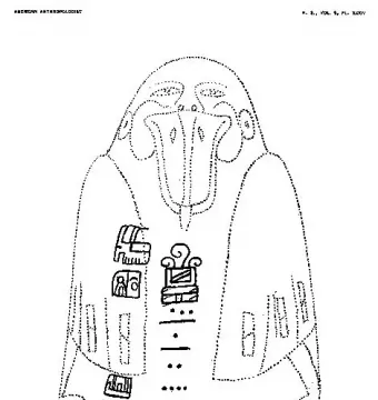 Front drawing of the Tuxtla Statuette with vertical glyphs carved along its body.