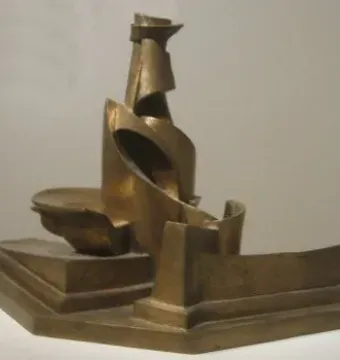 Development of a Bottle in Space, a bronze abstract sculpture with fragmented curved and angular forms on a stepped rectangular base.