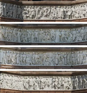 Four stacked panoramic panels showing the Frieze of Parnassus with detailed bas-relief figures in different directions.