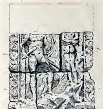 Two carved stone blocks from the Pilier d\'Yzeures-sur-Creuse stacked one above the other.