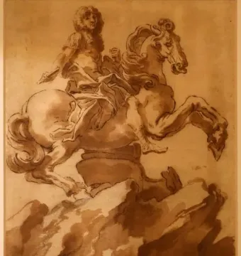 Sepia drawing of Louis XIV on a rearing horse, shown in Bernini\'s equestrian statue study.