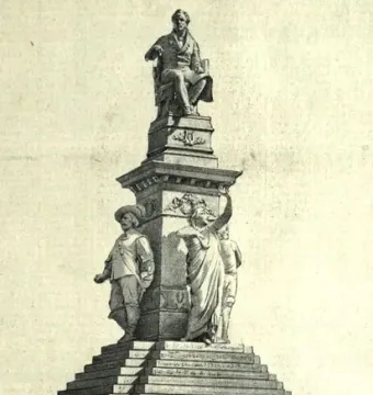 The Monument to Vincenzo Bellini in Catania, a tall multi-tiered monument with seated and standing figures behind an ornate fence.
