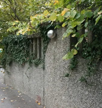 A polished spherical sculpture mounted on a textured concrete wall with ivy and a metal plaque below.