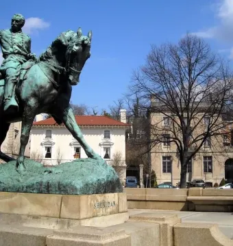 General Philip Sheridan monument, a greenish-bronze equestrian statue on a stone pedestal marked \