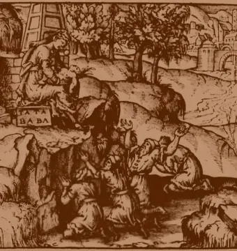 Sepia woodcut illustration of the Golden Woman seated on a stone structure, holding a child, with figures kneeling below.