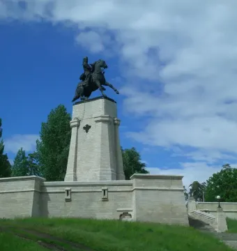 Tatishchev Monument showing a rider on a rearing horse atop a tall stone pedestal.
