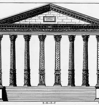 Black and white architectural drawing of the Pilier d\'Yzeures-sur-Creuse showing a temple facade with eight columns, sculpted bases, and a wide staircase.