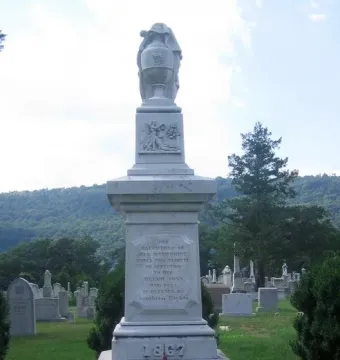 Confederate Memorial stone monument with a draped urn and carved relief in a cemetery, with a small Confederate flag and flowers at its base.
