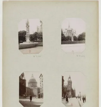 An archival album page with four octagonal black-and-white photographs, including views of a monument and Paris street scenes.