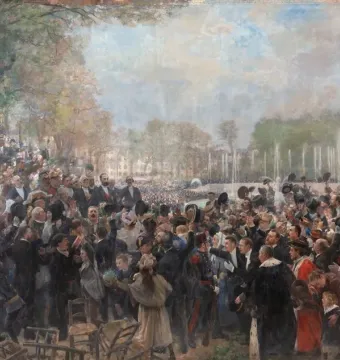 Crowd gathered in front of the Neptune Fountain with tall water jets rising in the background.
