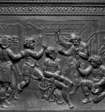 Bas-relief panel from the Resurrection Pulpit showing a crowded scene with Christ surrounded by several men.