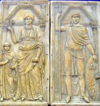 Diptych of Stilicho with carved figures of a woman, child, and armored warrior under arches.