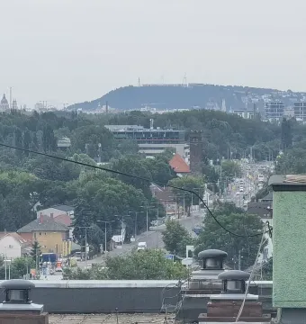 The Liberty Statue appears as a distant silhouette atop a hill.