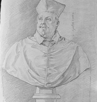 Pencil drawing of the Bust of Cardinal Scipione Borghese with handwritten notes and measurement lines.