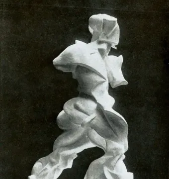 Unique Forms of Continuity in Space shown as a light-toned abstract figure striding forward against a dark background.