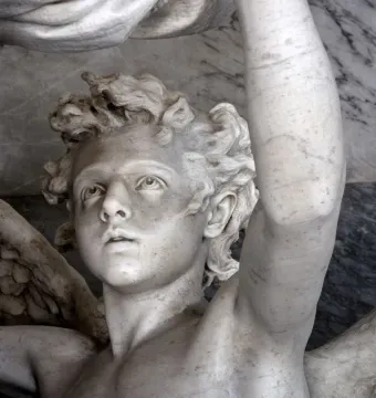Marble sculpture of Angelo Nocchiero showing a youthful, curly-haired figure with an upward gaze, one raised arm, a wing, and a braided rope beside him.