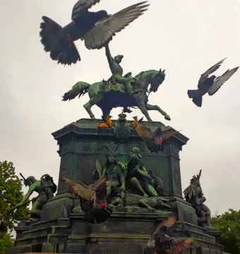 Dom Pedro I Equestrian Statue on a sculpted pedestal, with pigeons flying around it and ornate lampposts nearby.