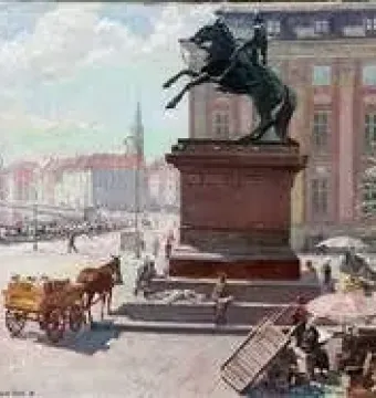 Absalon Monument in a busy public square, showing an equestrian statue on a tall pedestal with buildings and people around it.