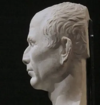 Arles Bust in white marble, shown in left profile against a dark background.