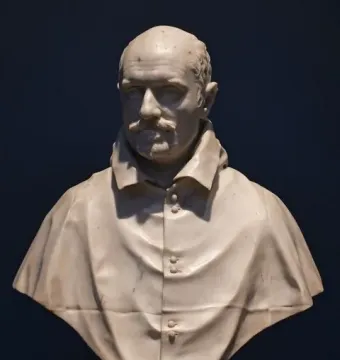 Marble bust of Cardinal Alessandro Peretti, showing a balding man with a mustache and small beard.