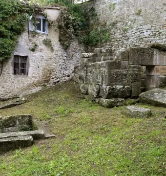 Etruscan tombs made of grey stone in a grassy outdoor area, with a vine-covered building and stone wall nearby.