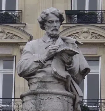 Gavarni Fountain with a sculpted figure of a man sketching above theatrical reliefs on the base