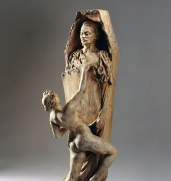 La Gloire showing a woman emerging from a broken coffin-like form as a nude figure reaches upward beside it.