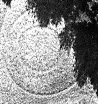 Aerial view of the Angelholm UFO Memorial site showing a large circular design with concentric rings, partly framed by dark trees.