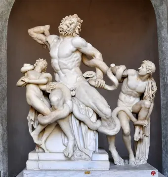 Laocoön and His Sons, a white marble sculpture of three figures struggling against coiling snakes.