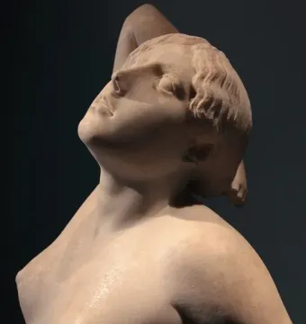 Niobid from the Gardens of Sallust, showing the sculpture’s head and upper torso with an anguished upward gaze.