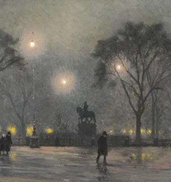 Christian V Equestrian Statue silhouetted on a pedestal in a misty nighttime park with bare trees and streetlights.
