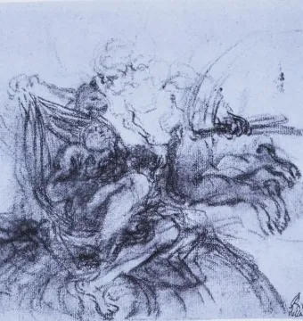 Charcoal sketch of Truth Unveiled by Time showing an elderly winged figure pulling back a cloth to reveal a reclining nude woman, with a small putto-like figure between them.