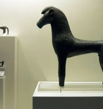 A dark bronze horse figure stands on a pedestal in a museum display.