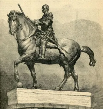 Engraving of Donatello’s Gattamelata, showing an armored rider on horseback atop a tiered pedestal.